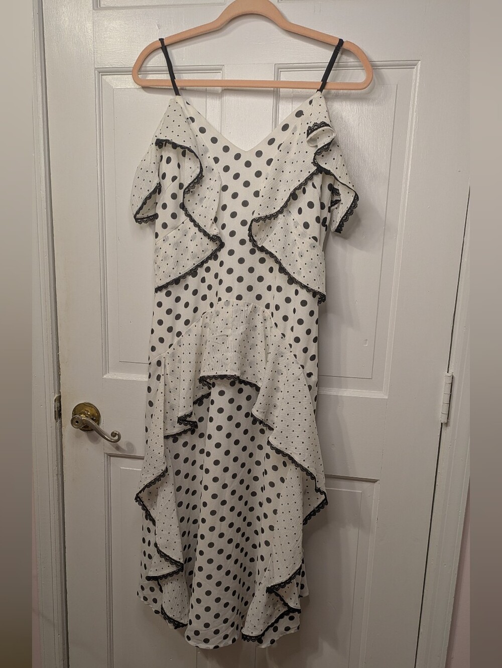 White and Black Polka Dot Ruffle Sleeveless V Neck Midi Dress